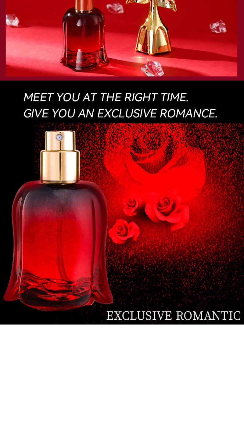 Tulip-shaped perfume bottle in deep red glass with a gold spray nozzle, set against a red rose background.