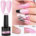 Pink snowflake extension nail gel in a 7.5ml bottle with examples of its use for long, glittery, decorative manicures.