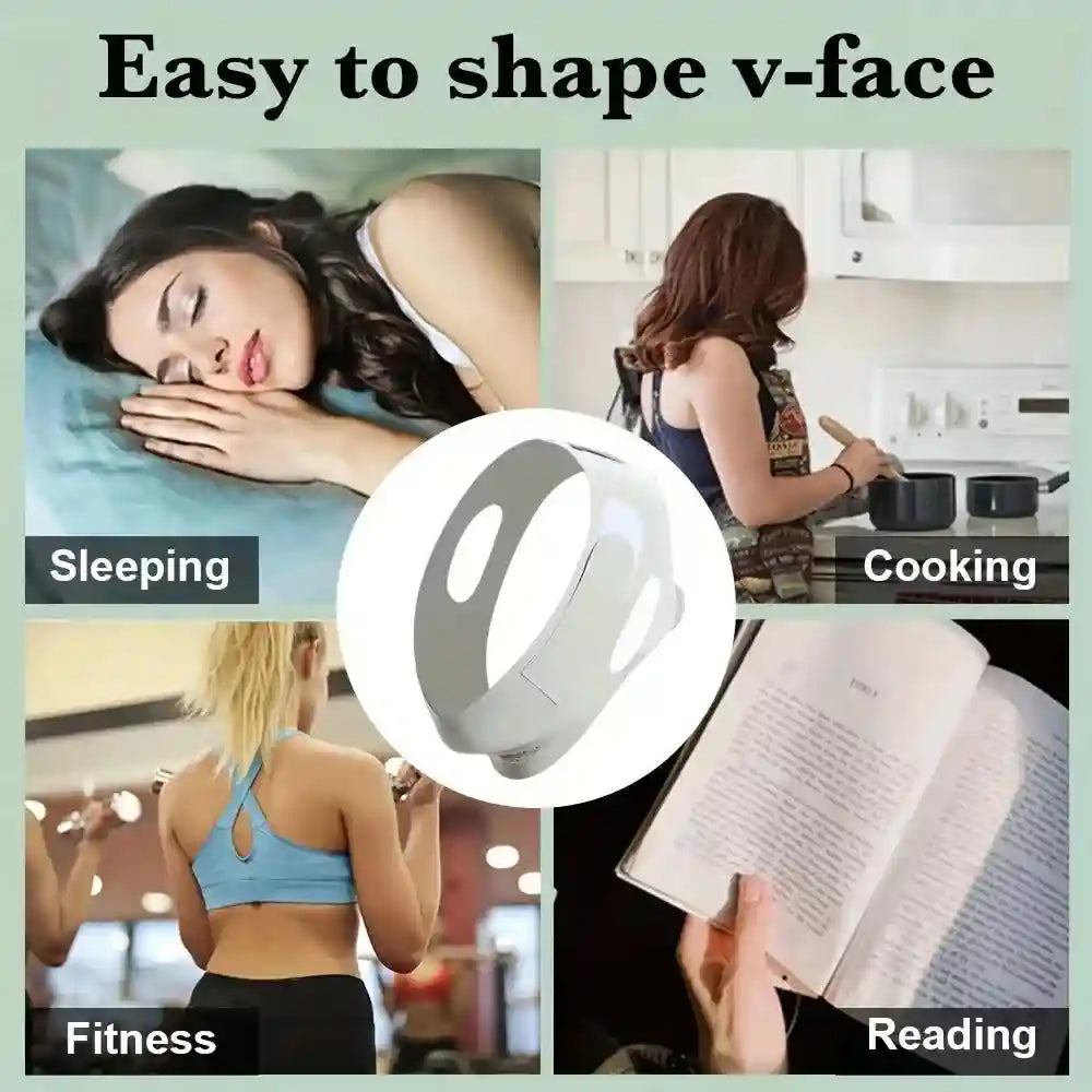 A white, smooth, reusable V-line face slimming strap with cutouts for ears, shown in use while daily activities.