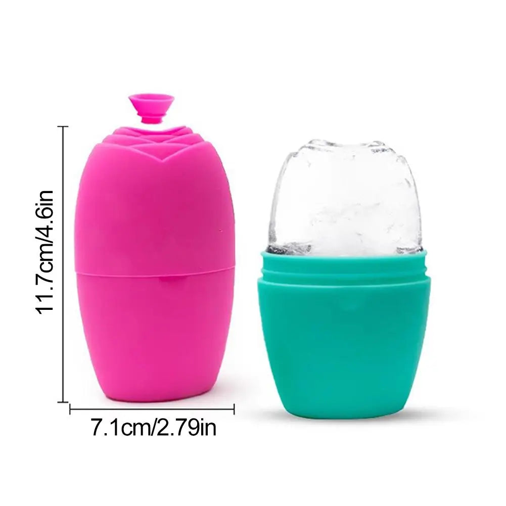 Rose-shaped hot pink and teal silicone ice face roller molds with measurements for height and width.