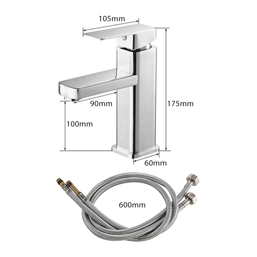 Single-Lever Washbasin Mixer in Brass for Cold and Hot Water, Deck-Mounted Single-Hole, 3-Layer Chrome Plating, 60cm Stainless Steel Hose, Honeycomb Aerator, Rust-Proof, Oxidation-Resistant, for Bathroom Sinks, Durable and Co