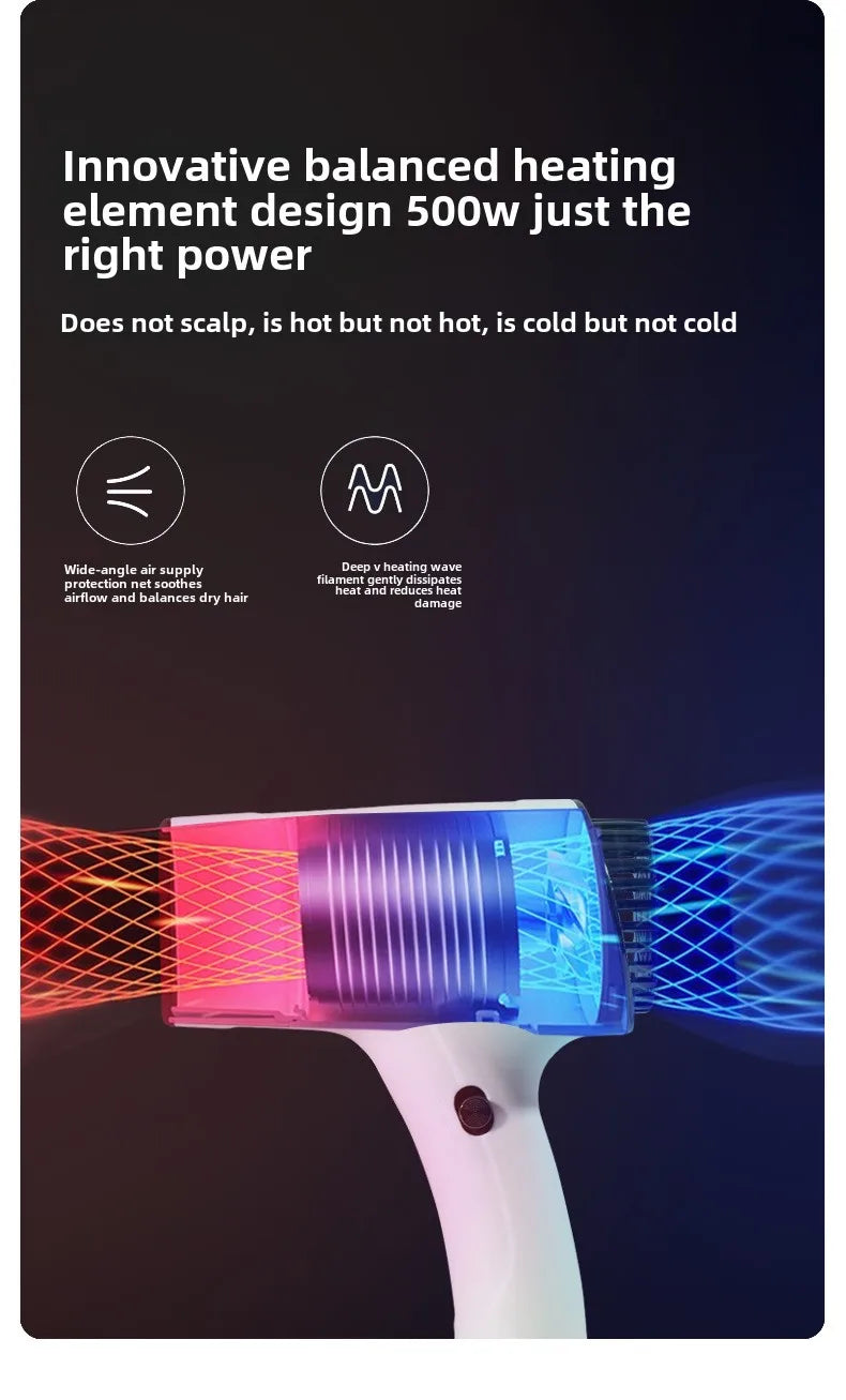 White portable hair dryer with 500W balanced heating element, negative ion tech, and heat protection design.