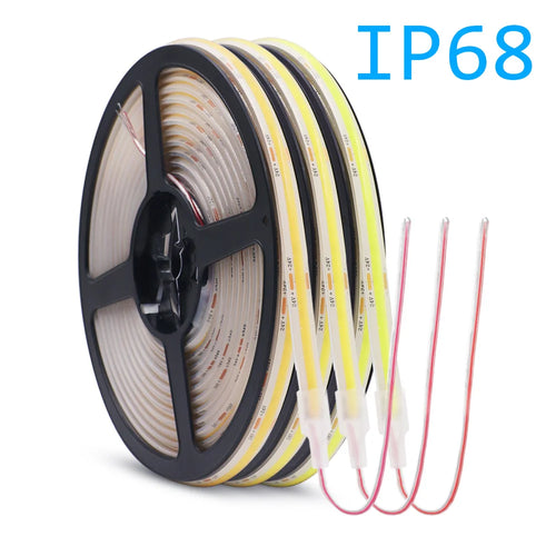 IP68 waterproof COB LED strip light on black reel with 2-wire lead connectors