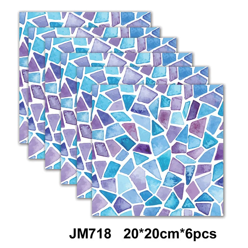 Self-adhesive marble wall tile stickers, blue and purple mosaic pattern tiles, 6-piece set