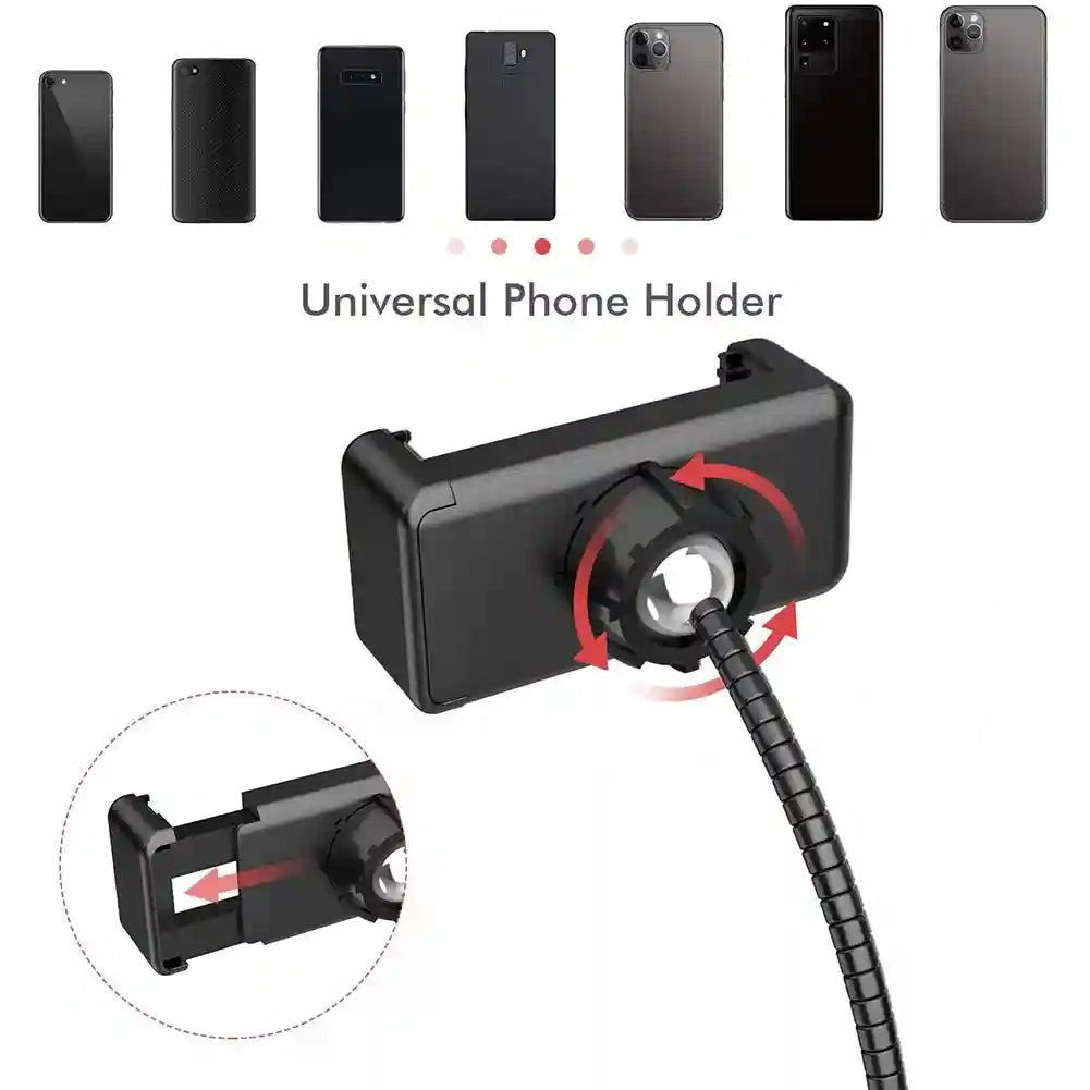 Black universal phone holder with an adjustable spring-loaded clamp and a flexible metal gooseneck arm.
