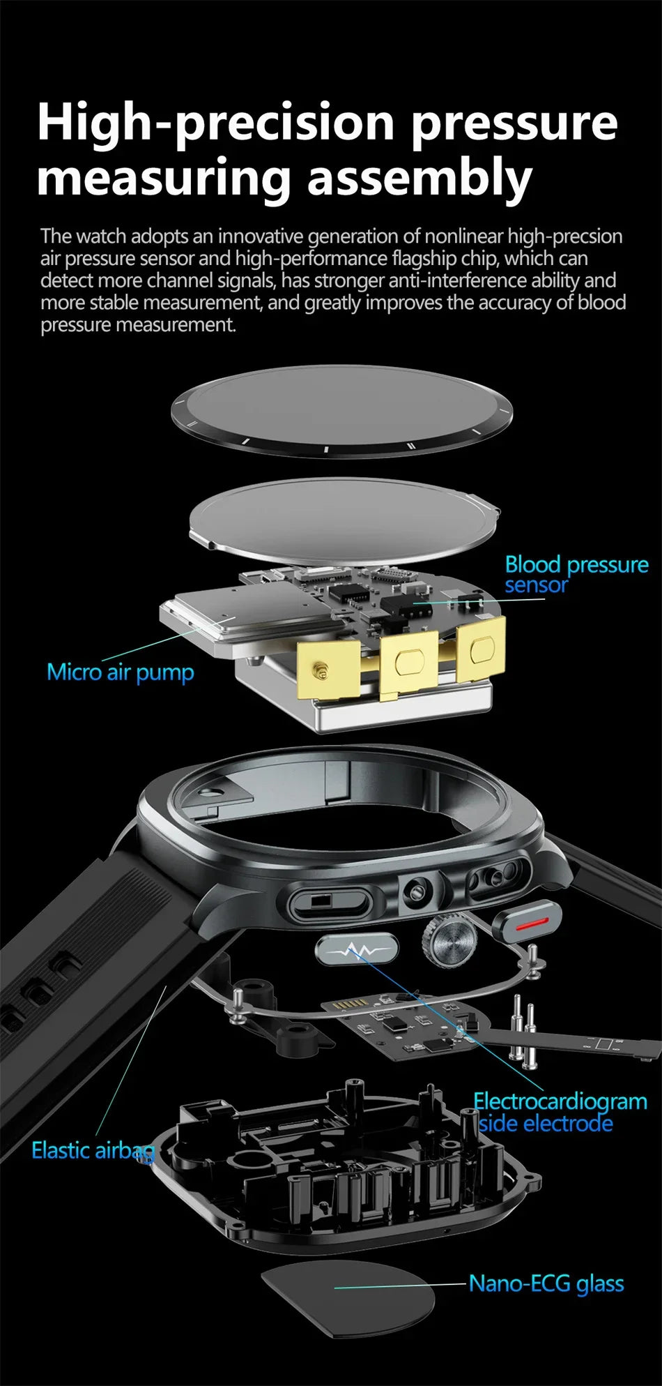 HY Digital Airbag Smartwatch for Huawei, Air Pump True Accurately Blood Pressure Watches Uric Acid Blood Lipids Health Watch Men