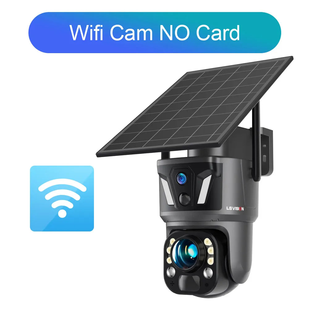 WiFi solar outdoor PTZ security camera with solar panel and dual-lens front