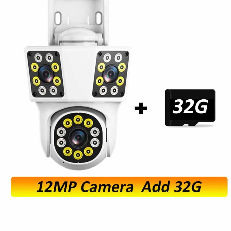 White 3-lens PTZ outdoor WiFi security camera with 32GB microSD card icon