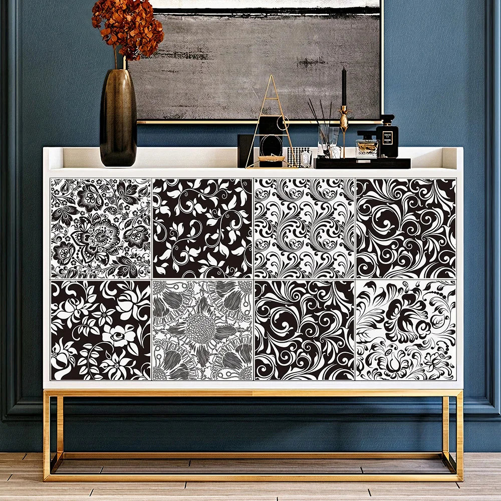10 pcs/pack, Black and White Floral hard PVC Self-Adhesive Tile Stickers - Waterproof, Oil-Proof, Easy to Clean for Home Decor