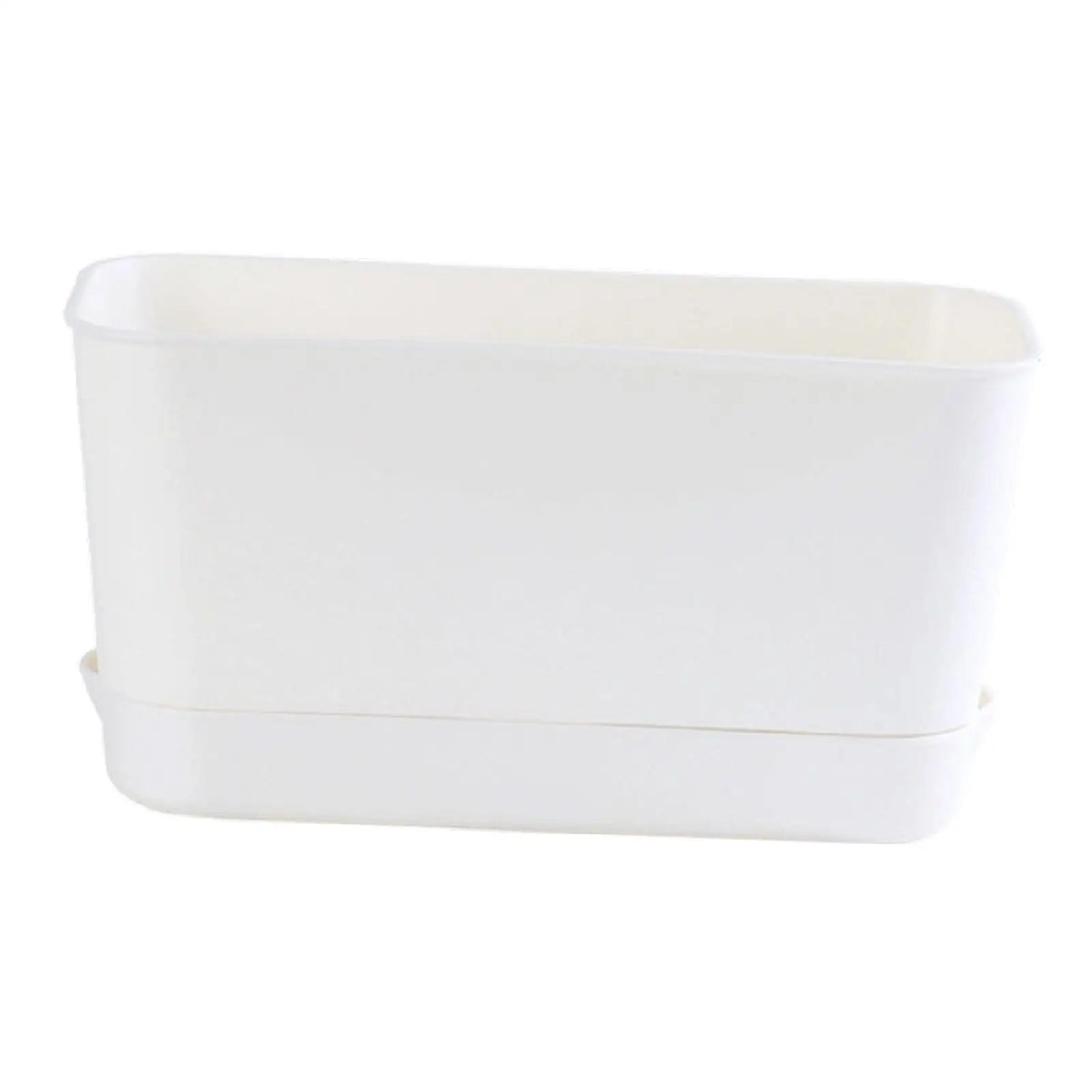 White rectangular window box planter, close-up front view.