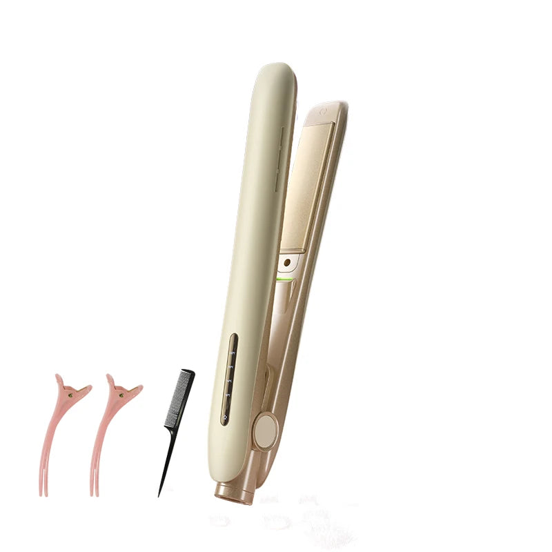 Beige 2-in-1 ionic hair straightener and curler flat iron with smart temp control, hair clips, and styling comb.