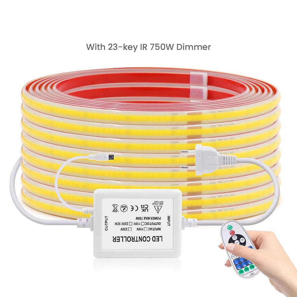 220V Dimmable COB LED Strip Light WIFI Bluetooth Wall Touch 23key Remote Control Power Kit 288LEDs/M Waterproof Flexible Lamp