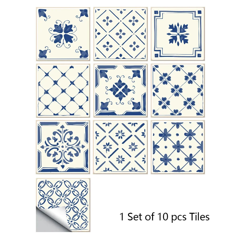 Blue and white patterned mosaic tile wall sticker set, 10 pieces