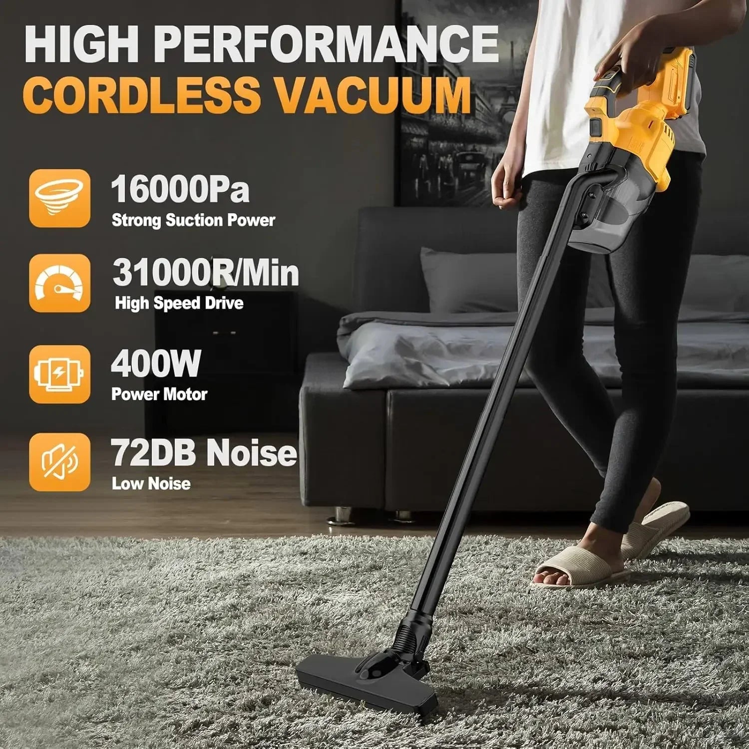 Yellow cordless handheld vacuum for DeWalt 20V battery cleaning pet hair on carpet with high-suction motor.