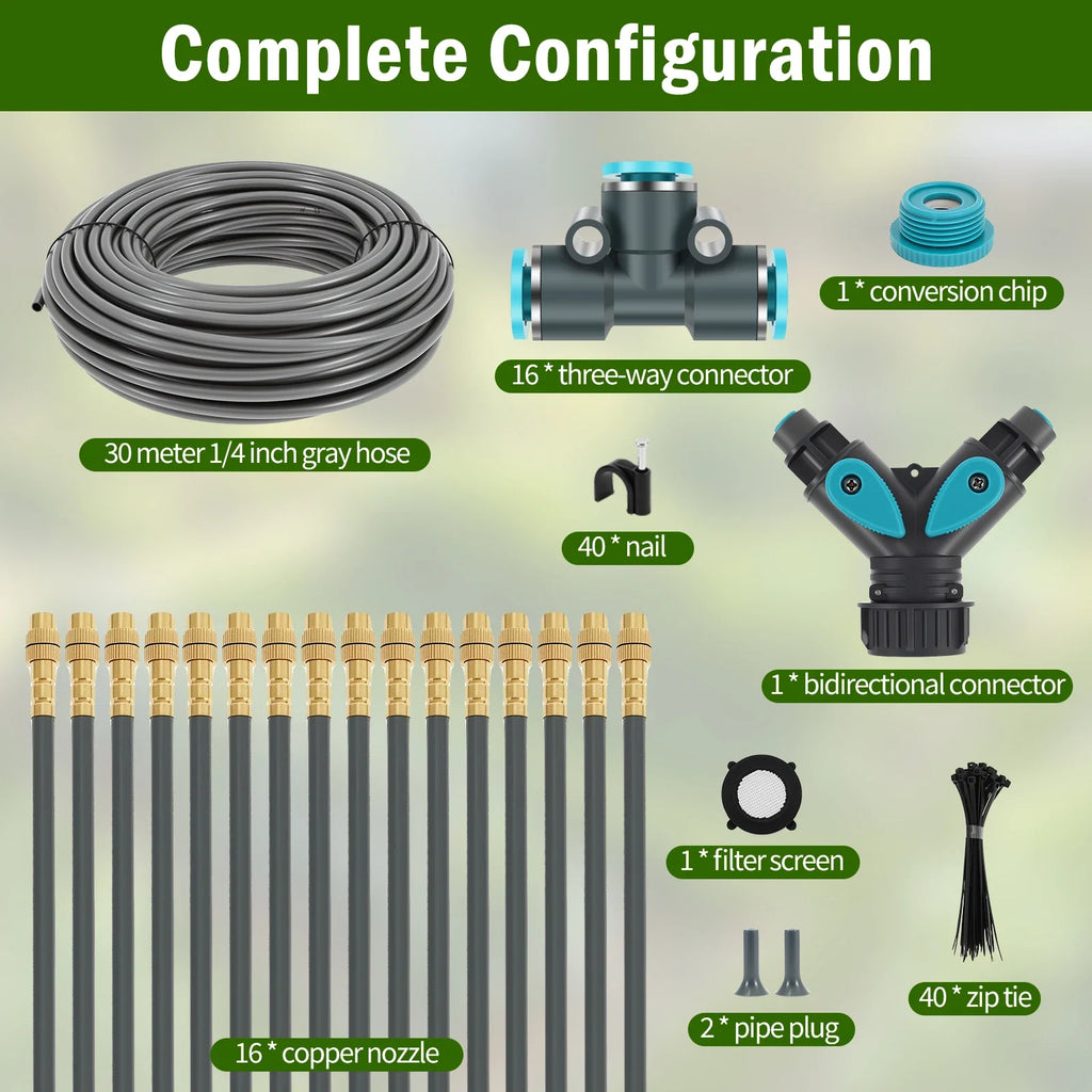 30M 1/4inch Drip Irrigation System Garden Automatic Watering Kit with 360° Adjustable Copper Nozzles for Greenhouse Lawn