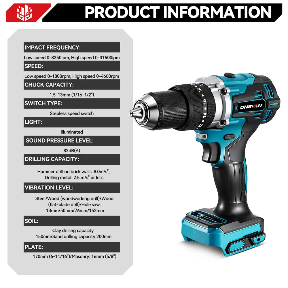 ONEVAN 13MM 650N.M Brushless Electric Impact Drill 20+3 Torque Electric Hammer Drill Power Tool For Makita 18V Battery Pin