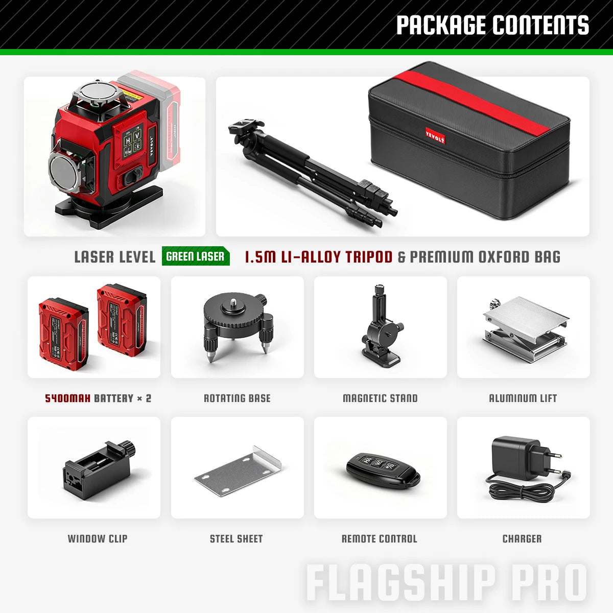 Green laser level kit showing red laser unit, black case, rotating base, magnetic stand, lift