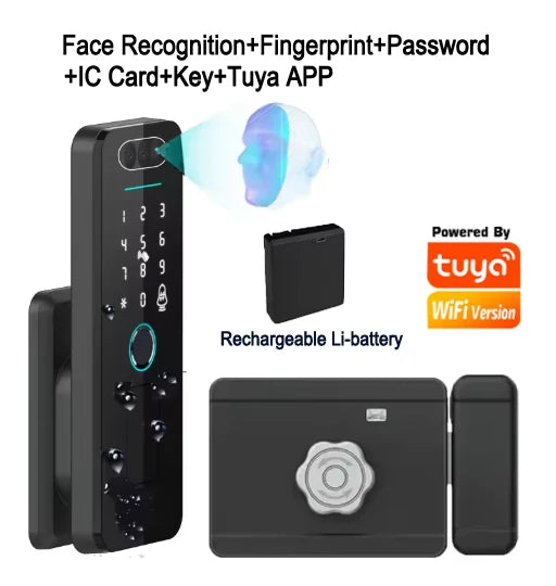 Smart WiFi Door Lock Waterproof Tuya Face Recognition Fingerprint RFID Card Password APP Control Rechargeable Li-Battery Include