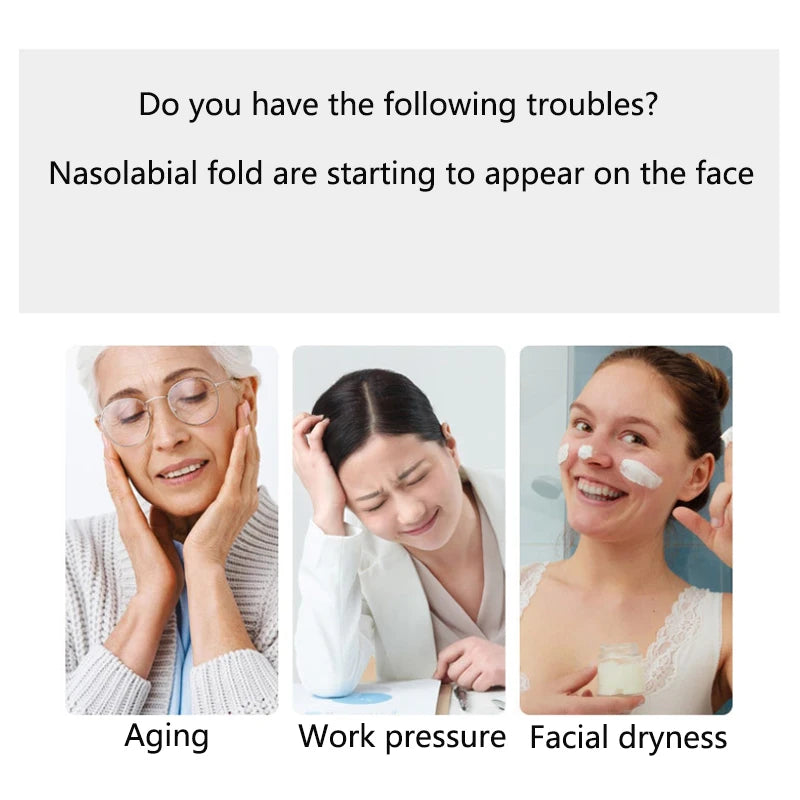 Three panels show women dealing with facial aging, stress, and dryness to illustrate causes of nasolabial folds.