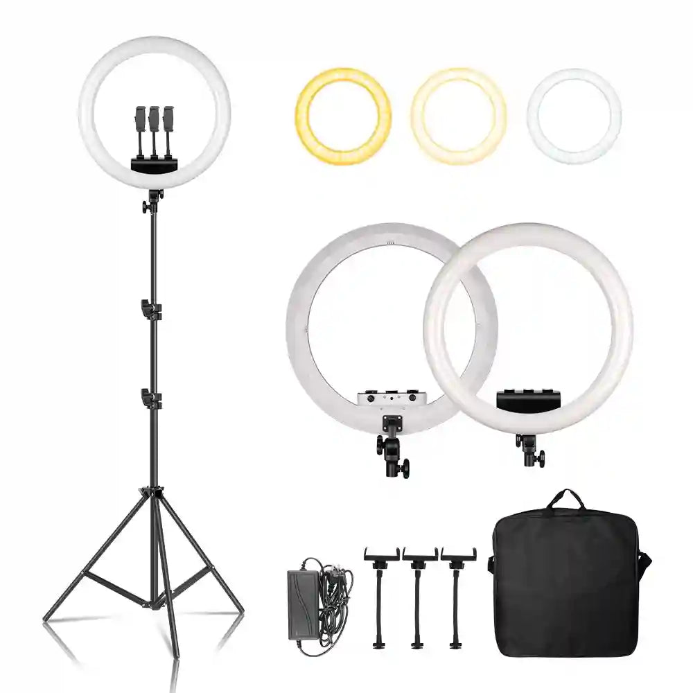 LED ring light with tripod stand, three phone holders, power adapter, and carry bag for photography and video.
