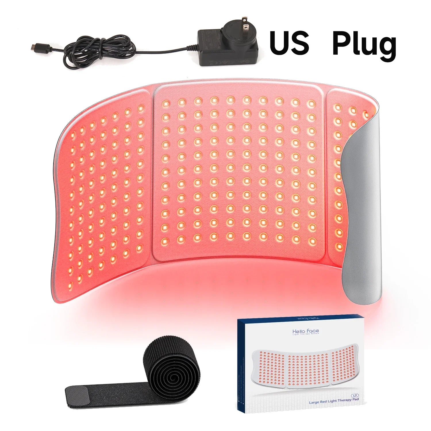 Curved red light therapy mat with 792 LED bulbs, US power adapter, Velcro strap, and product box.