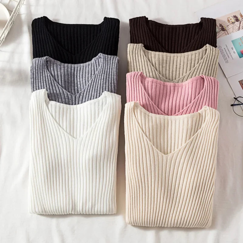 2026 Casual Long Sleeve Knitted V Neck Pullover Autumn Winter Women Sweaters Femme Basic Solid Jersey Tops Fashion Clothes
