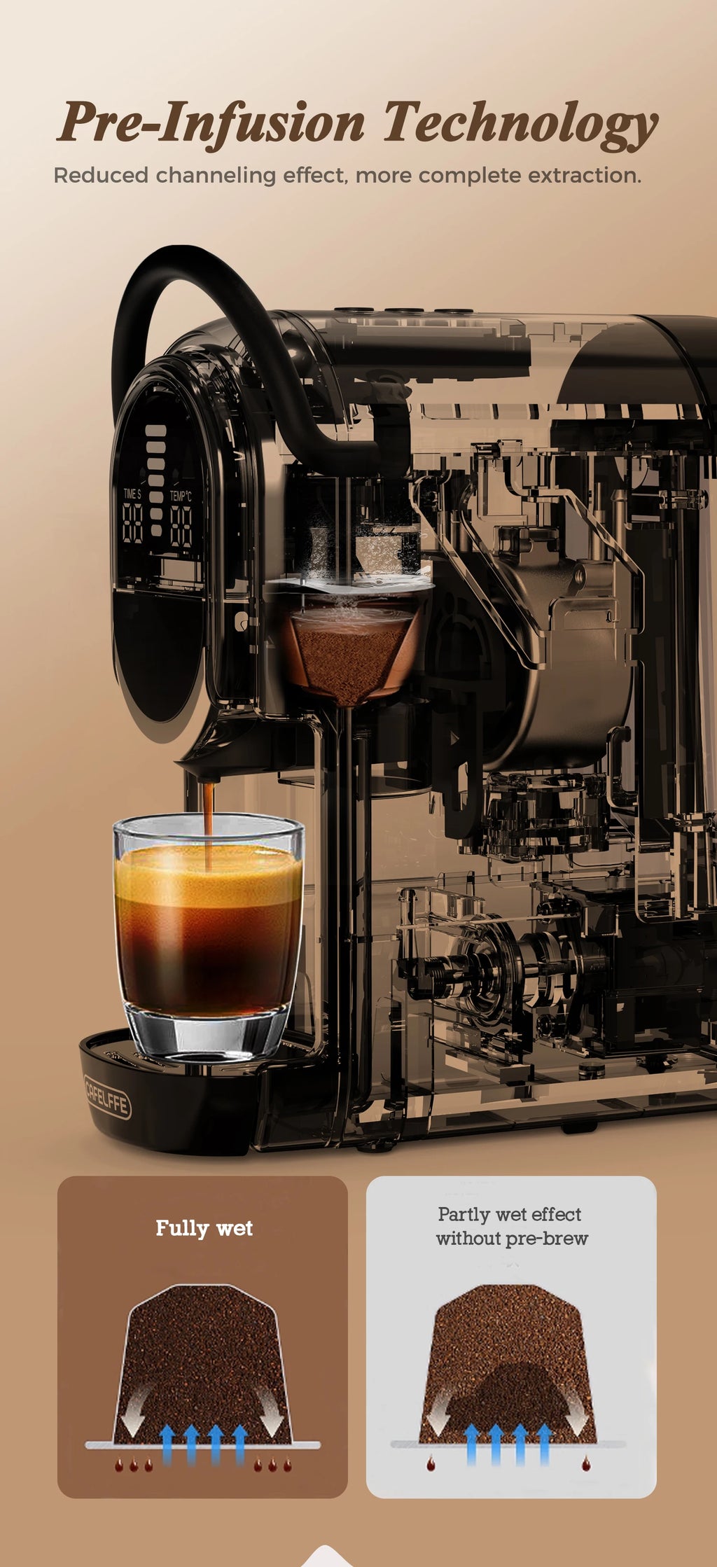 Transparent black coffee machine with pre-infusion technology brewing espresso into a glass cup.