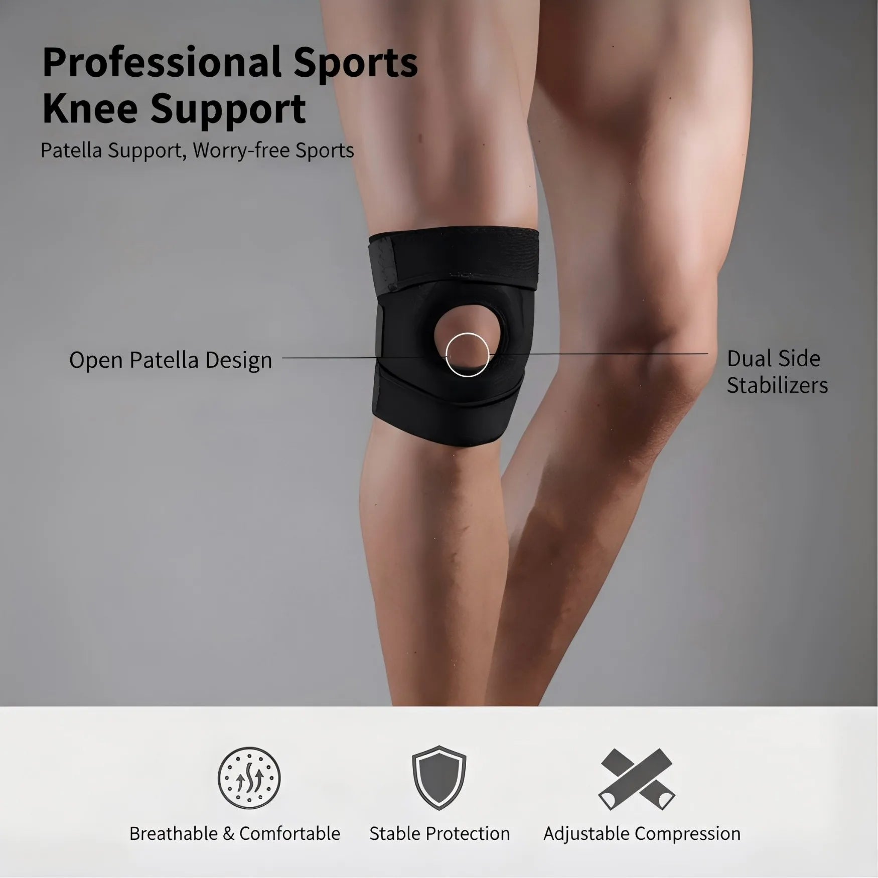 1PC Adjustable Knee Brace Patella Support - Open Patella Design for Knee Pain Arthritis Meniscus Relief Sports Basketball Runnin