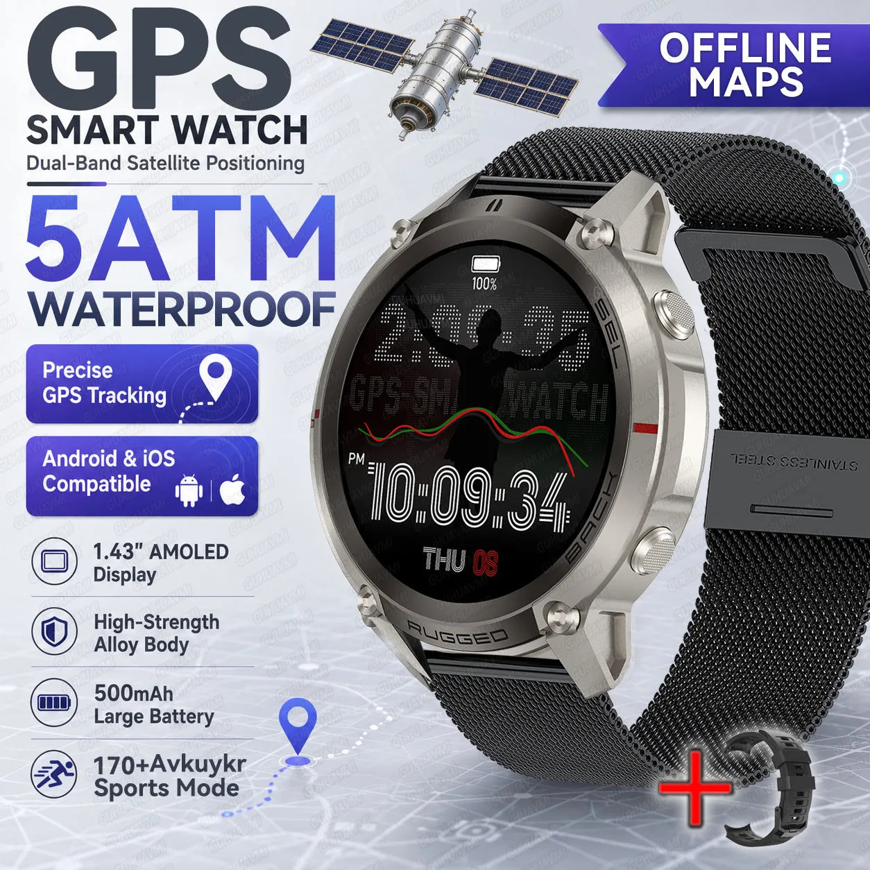 Round GPS smartwatch with black mesh strap and silver case; dark AMOLED time display.