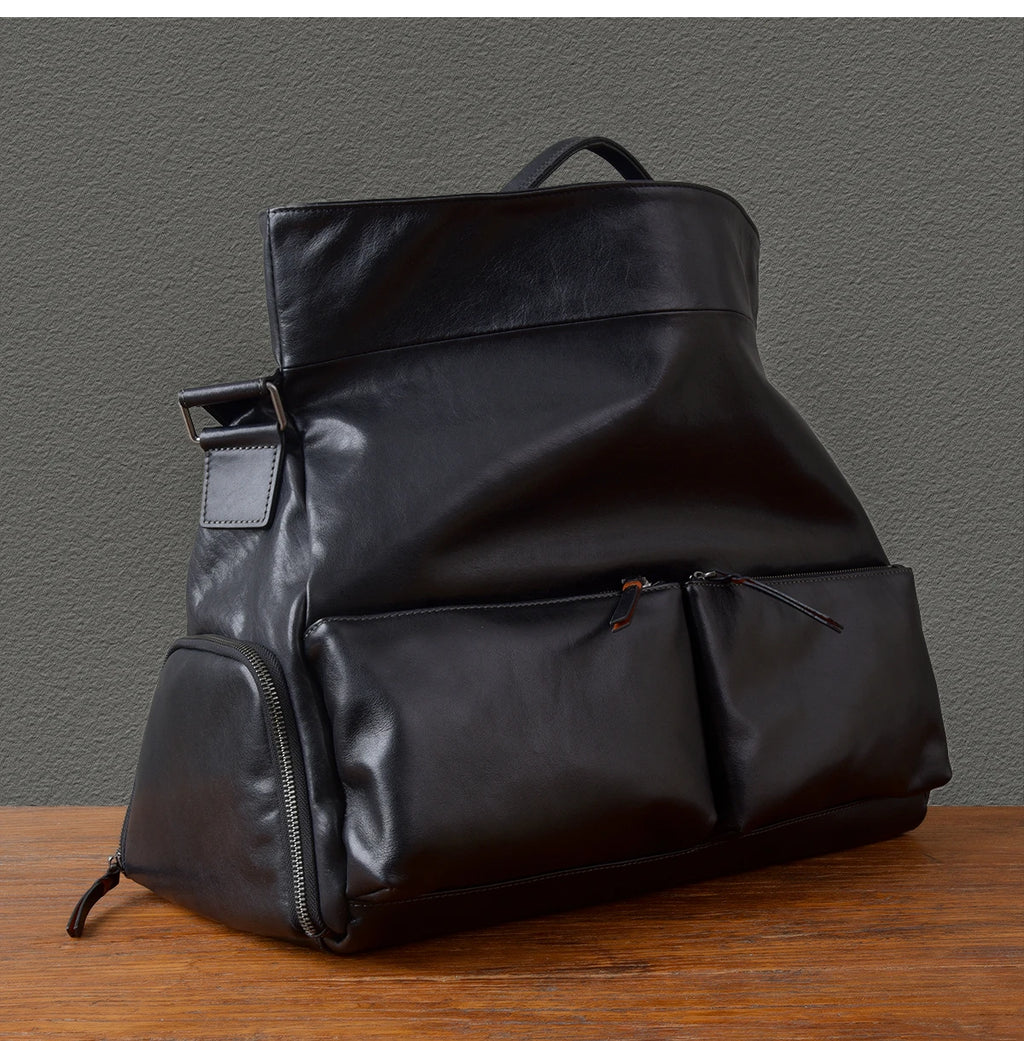 Retro Designer Men New Black Cowskin Genuine Leather Travel Bag Big Capacity Casual Tote Handbag Single Shoulder Crossbody Bag