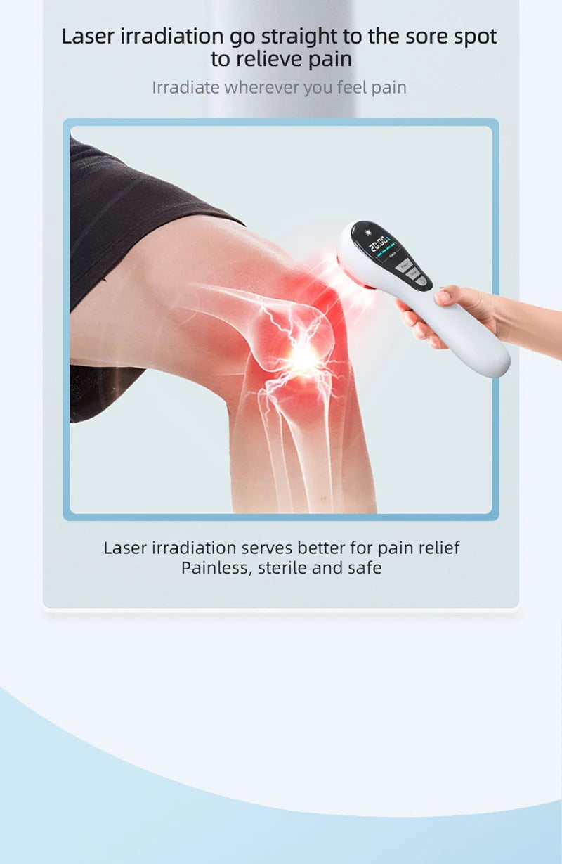 Handheld LLLT cold laser therapy device with red light, used on knee for pain relief, showing digital timer display.