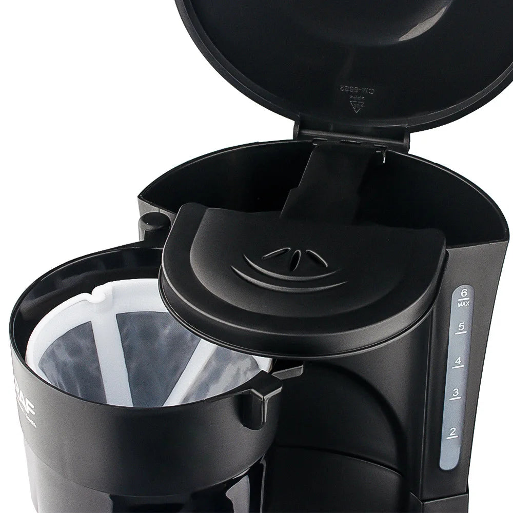 Black 6-cup drip coffee maker by RAF with open lid, reusable plastic filter basket, and water level indicator.