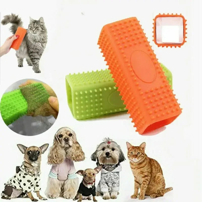 Orange and green silicone pet hair removal brush for dogs and cats, effective for grooming and furniture cleaning.