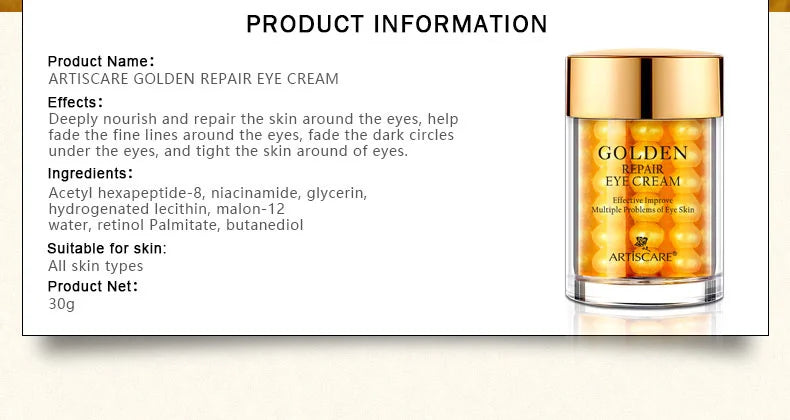 ARTISCARE Golden Repair Eye Cream 30g in gold jar packaging for anti-aging, moisturizing, and dark circle treatment.