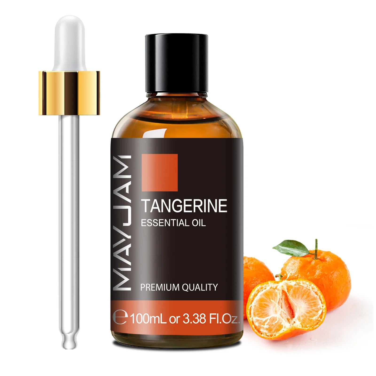 Tangerine essential oil, 100ml amber bottle with dropper and black cap.