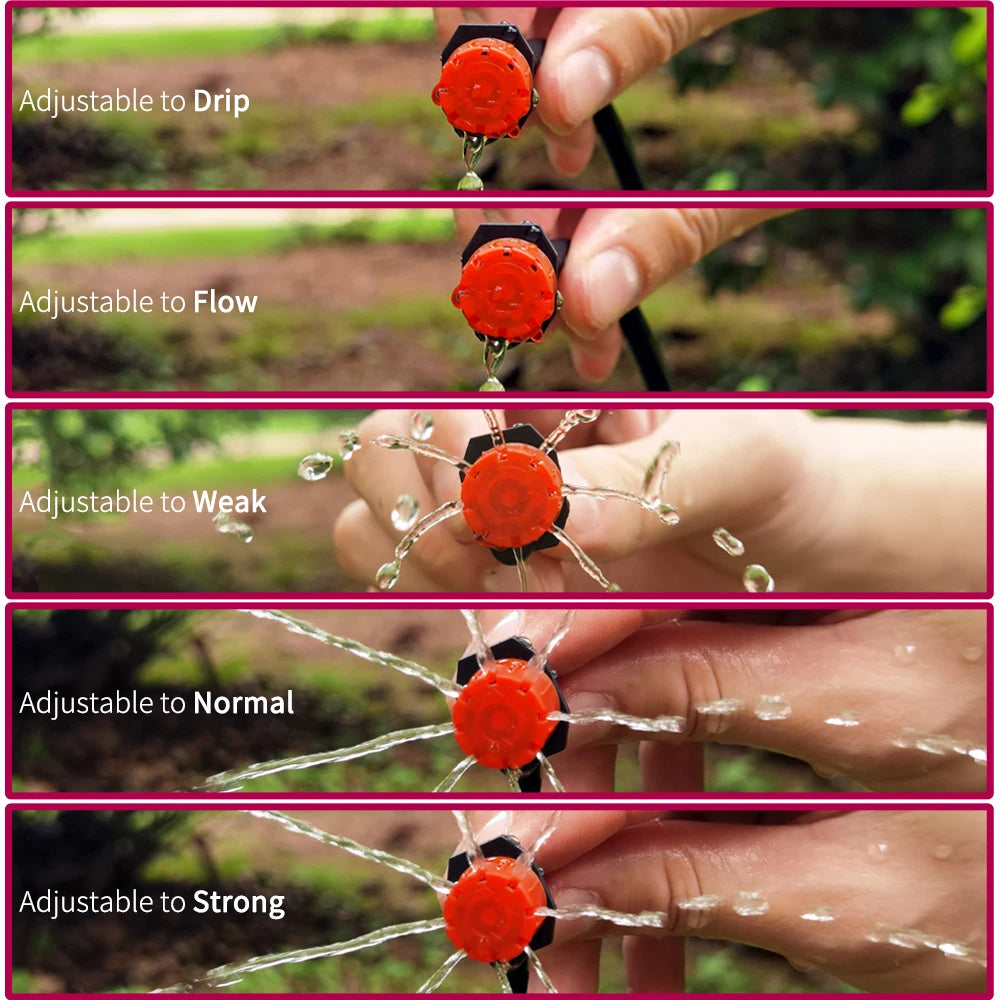 Adjustable red drip emitter with multiple outlets releasing water, shown in hand