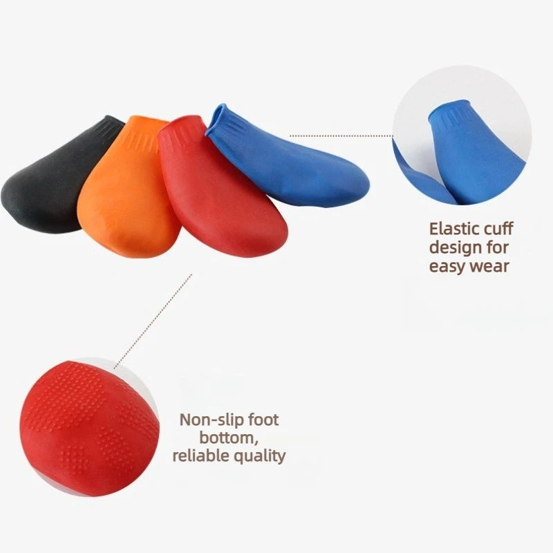 Waterproof rubber dog boots in assorted colors with non-slip soles and elastic cuffs for easy, durable paw protection.