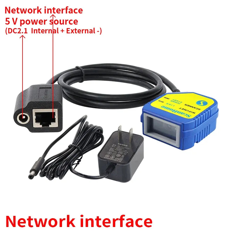 Blue barcode scanner module with RJ45 ethernet port, power cable, and scanning window