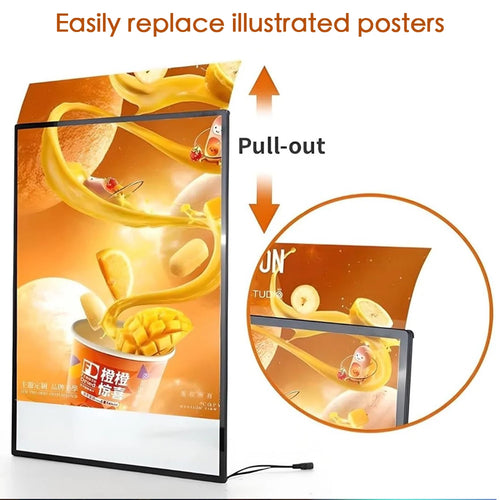 Pull-out LED lightbox with open frame and illustrated poster, showing inner panel