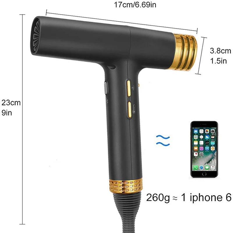 Black and gold ionic hair dryer with intelligent constant temperature, quick-drying tech, and lightweight design.