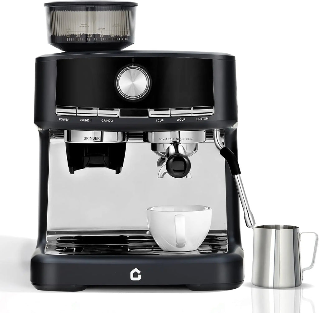 Gevi black espresso machine with built-in grinder, 58mm portafilter, steam wand, and stainless steel milk pitcher.