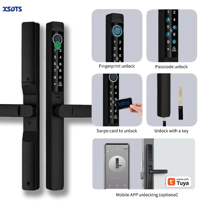 Tuya App Smart Door Lock Waterproof Fingerprint Password Card Bridge-Cut For Outdoor Pull Push Sliding Grille Door