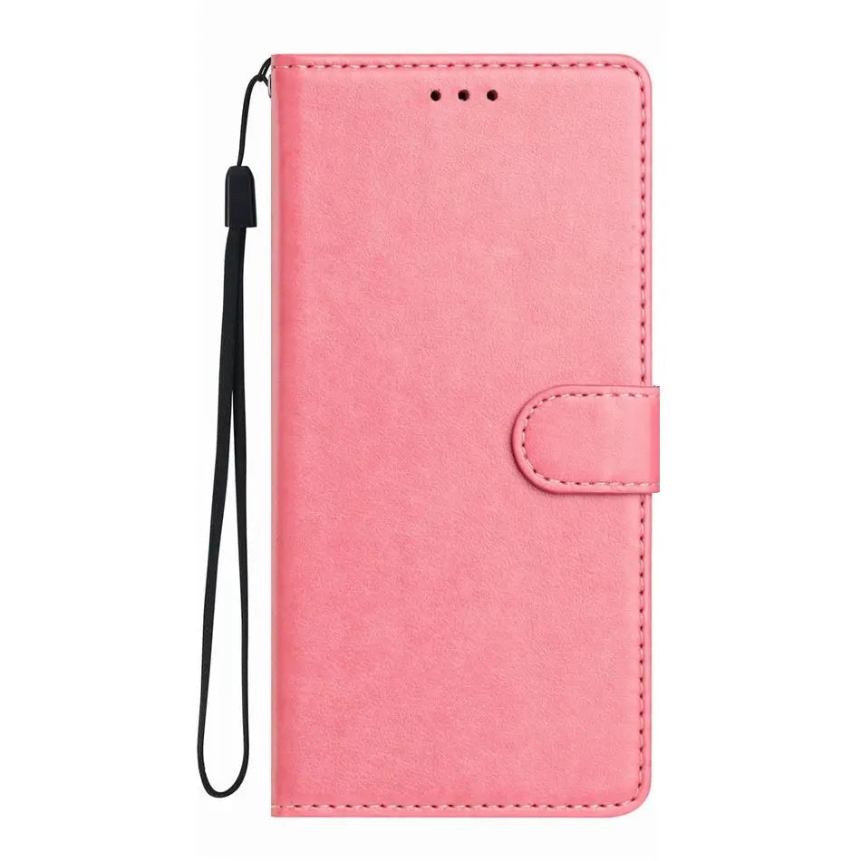 Pink rectangular faux-leather wallet phone case with a magnetic strap and detachable black wrist lanyard.