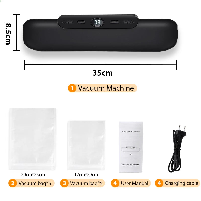 Black vacuum sealer packaging machine with vacuum bags and accessories