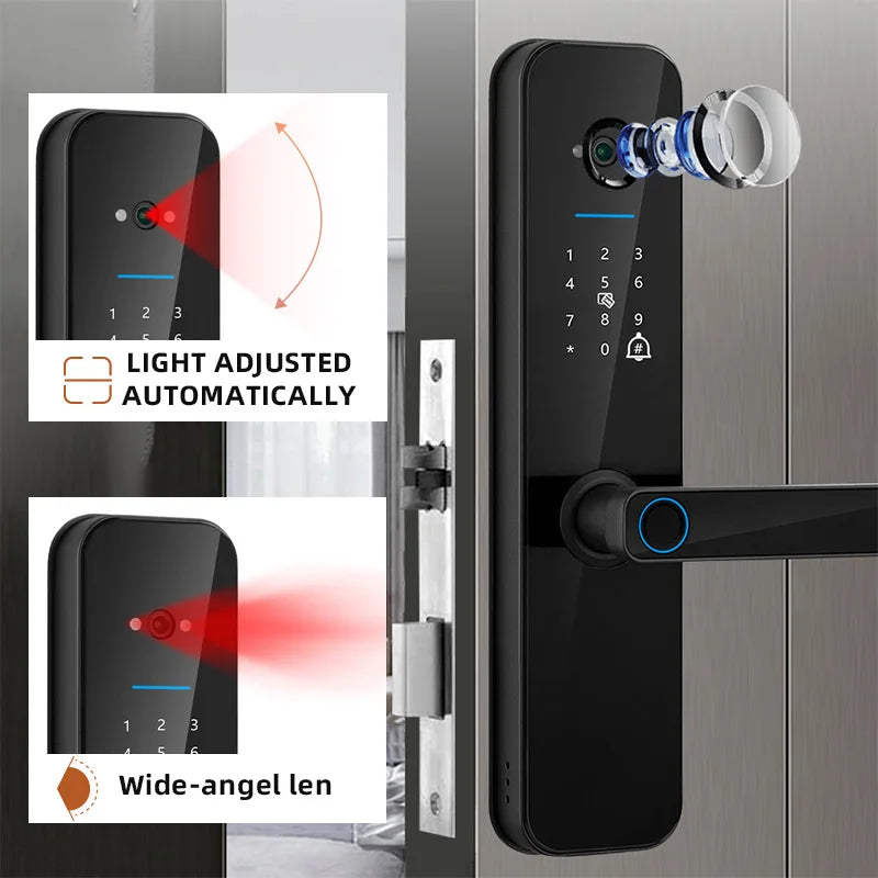 XSDTS New Tuya Wifi Digital Electronic Smart Door Lock With Biometric Camera Fingerprint Smart Card Password Key Unlock