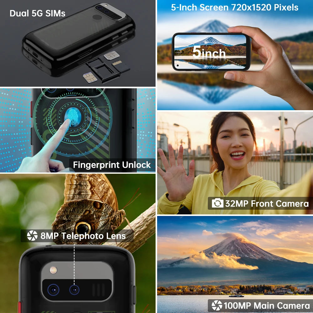 Unihertz Jelly Max 5G Mini Smartphone Android 14 Dimensity 7300 CPU 12GB 256GB 100MP Camera 4000 mAh Battery 5.05" inch Screen