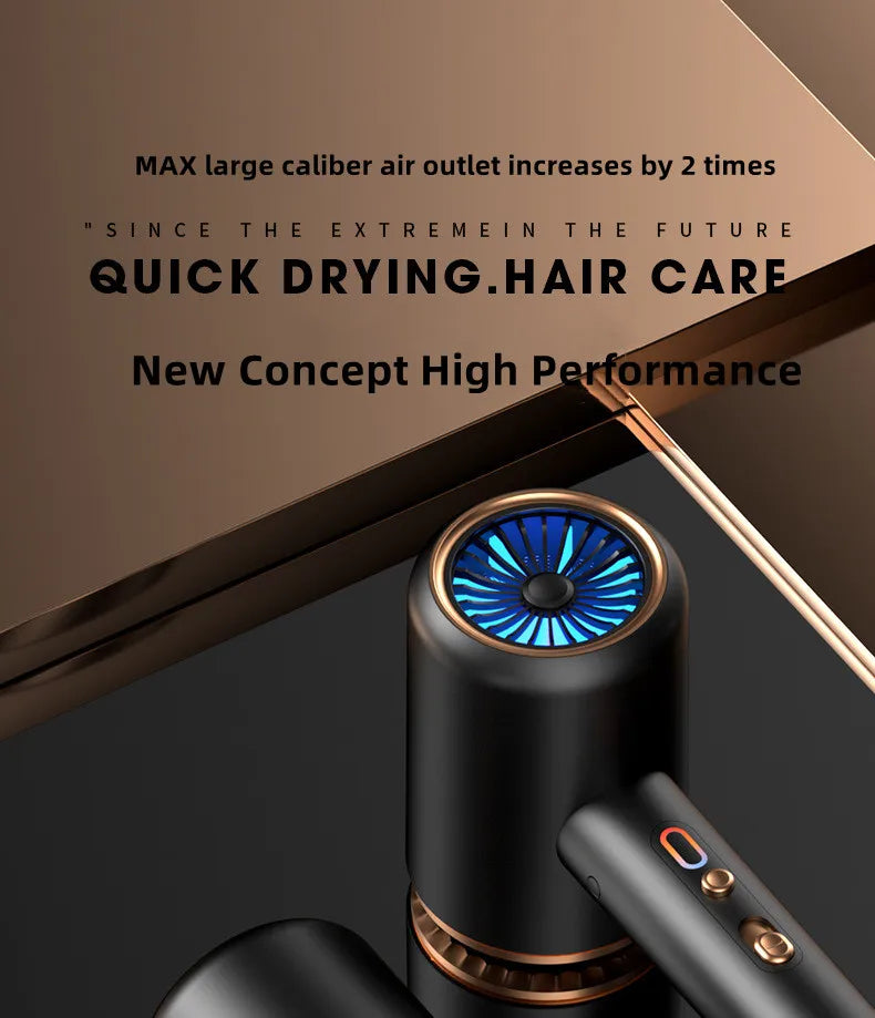 2400W black high-speed ionic hair dryer with blue light, gold accents, and large air outlet for professional drying.