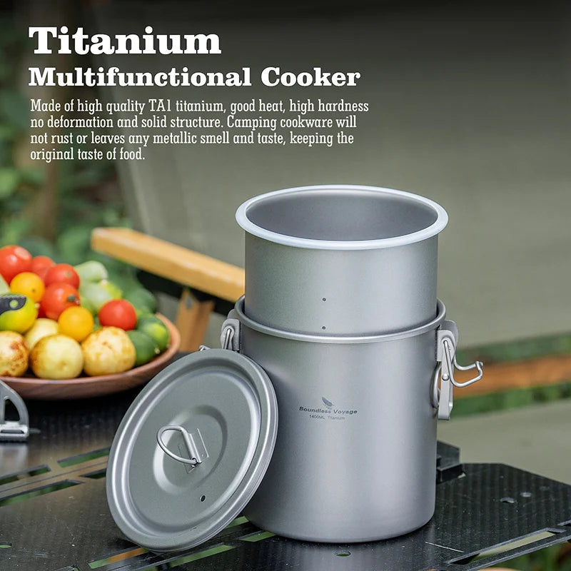 Titanium rice cooker pot with matching lid and side handles, ultralight camping cookware