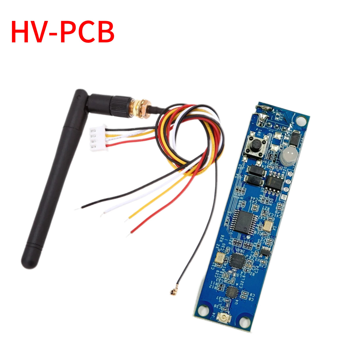 Blue DMX wireless controller PCB module with antenna, wires, and small circuit board