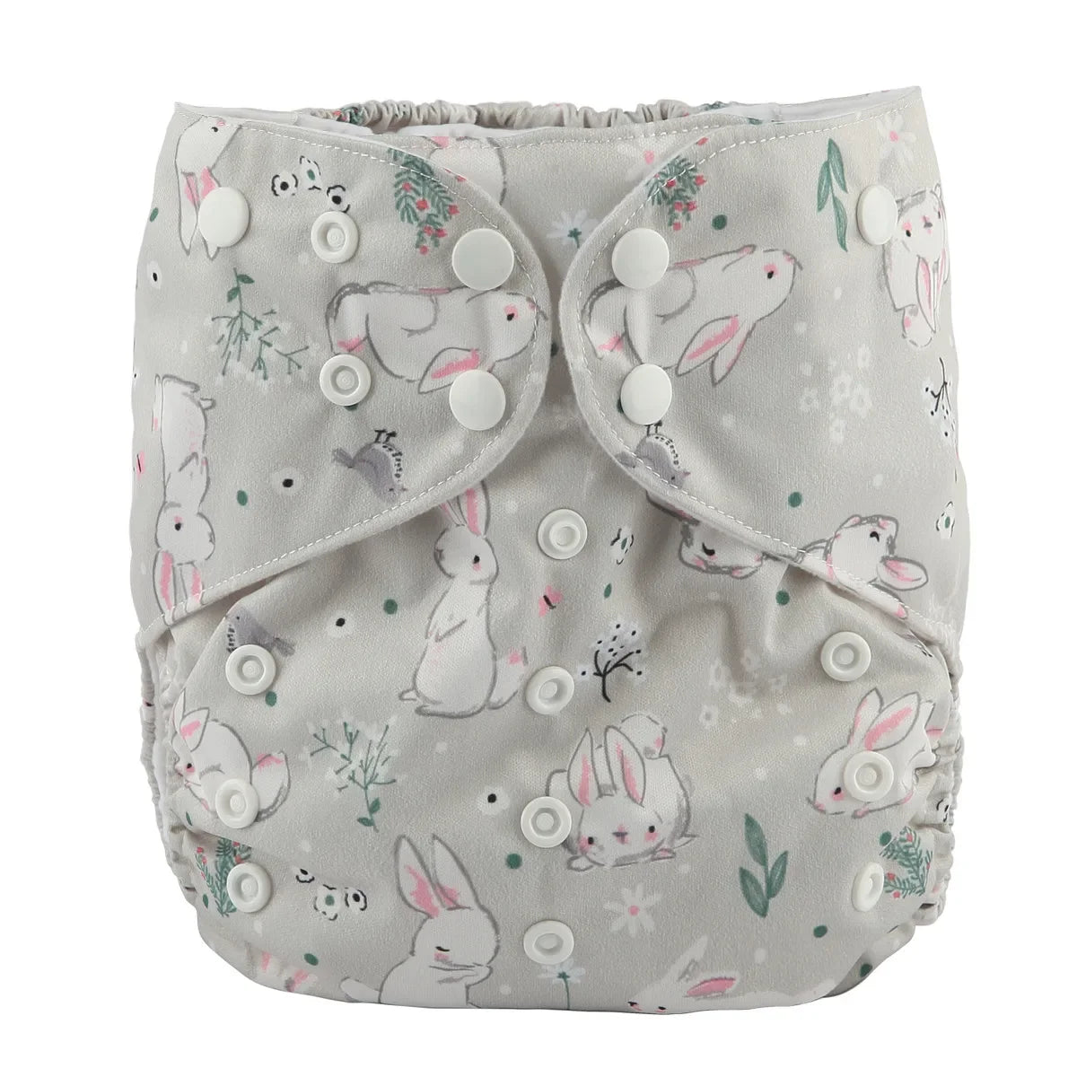 Reusable cloth baby diaper with adjustable snaps and cute bunny rabbit floral print pattern.
